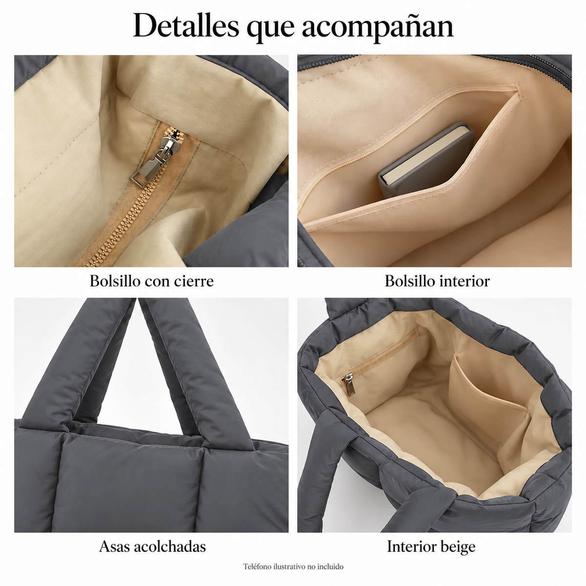Contour graphite — Interior beige, bolsillos y asas acolchadas