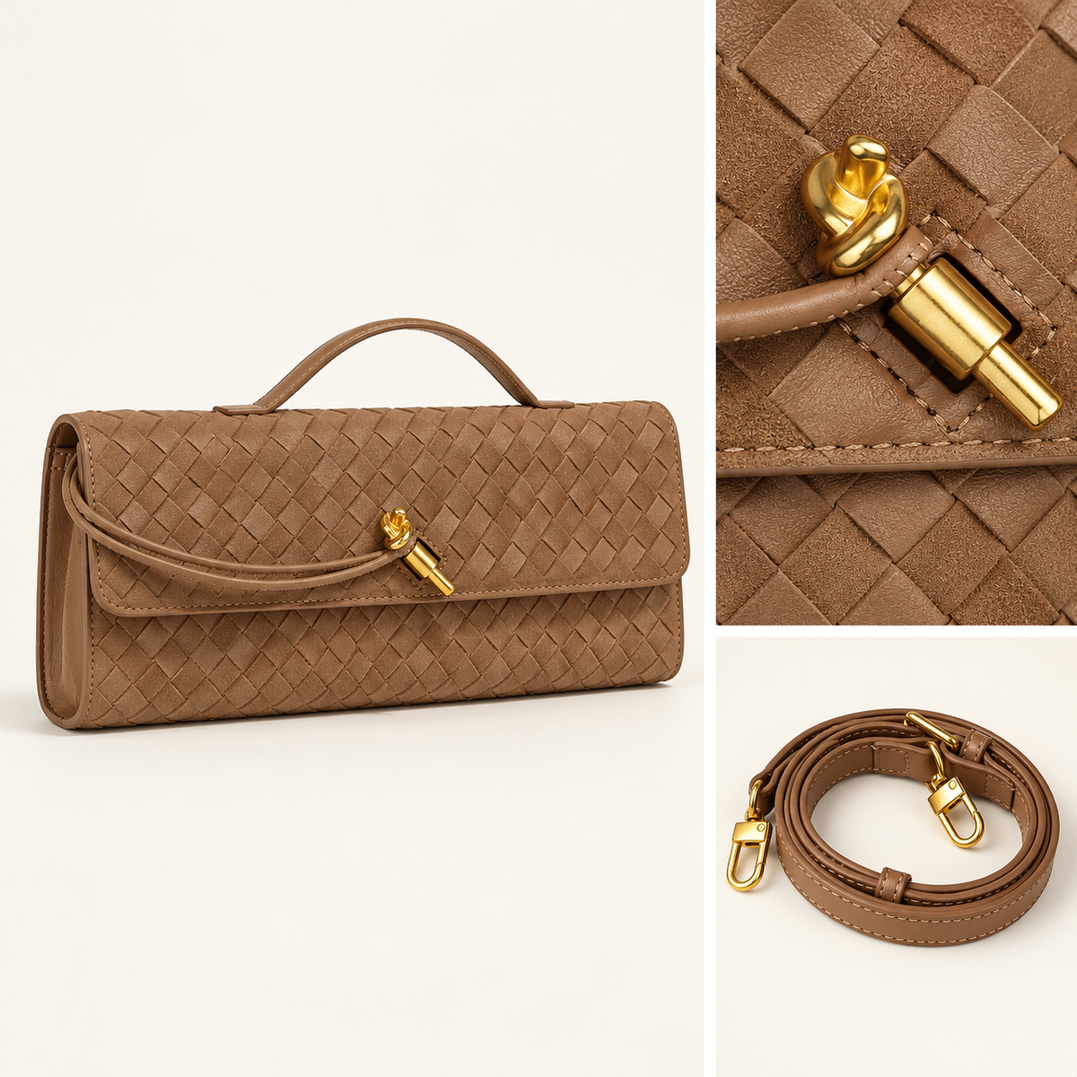 Elena Camel: detalle del cierre dorado, trenzado y correa desmontable