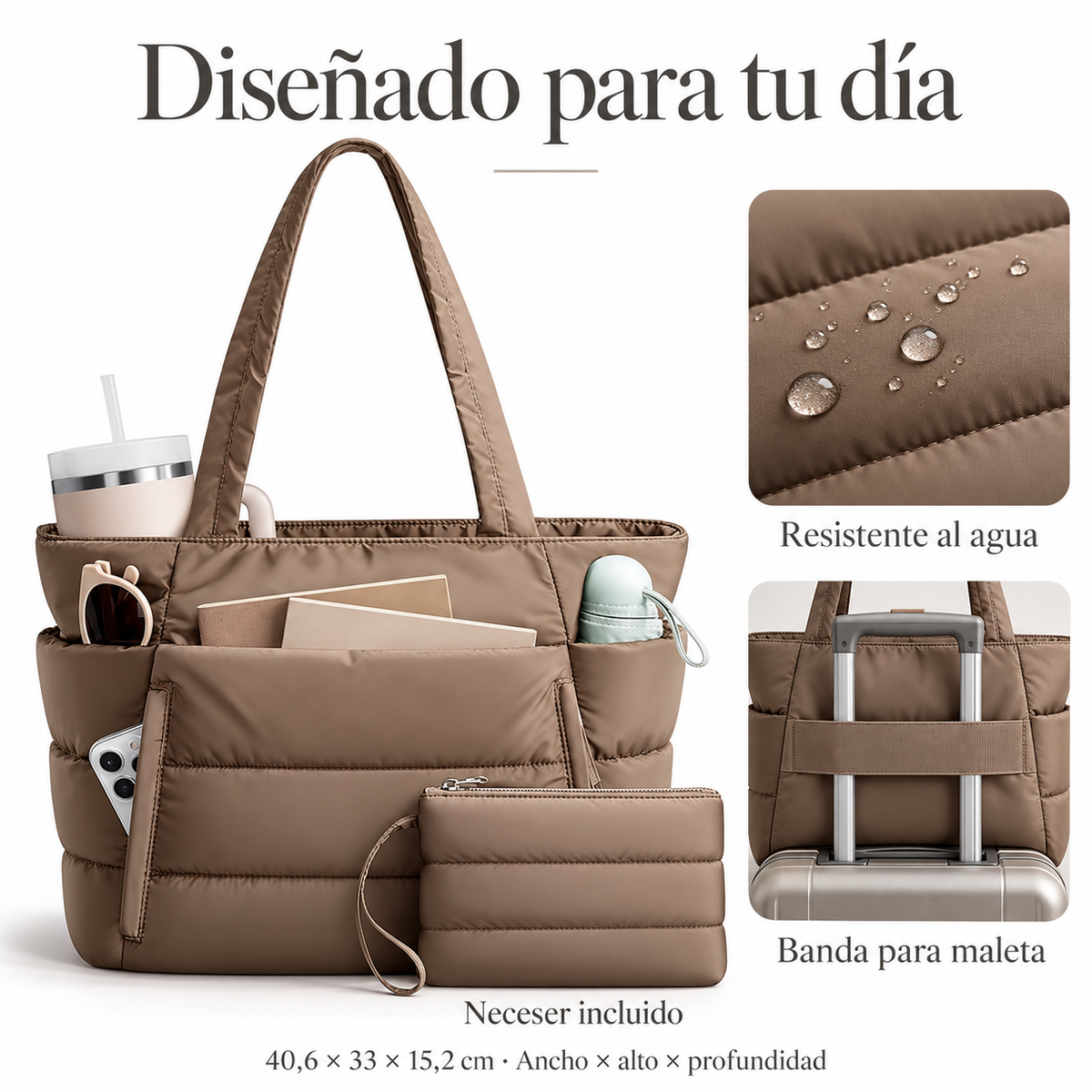 Tempo Pocket taupe — Neceser incluido, resistencia al agua y banda para maleta