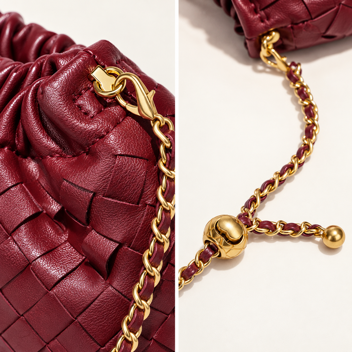 Amara Burgundy: detalle del trenzado y cadena dorada