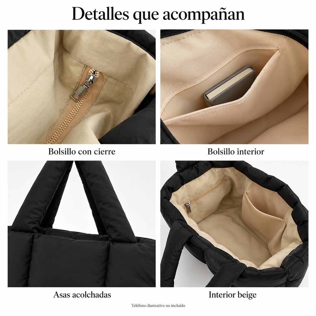 Contour noir — Interior beige, bolsillos y asas acolchadas