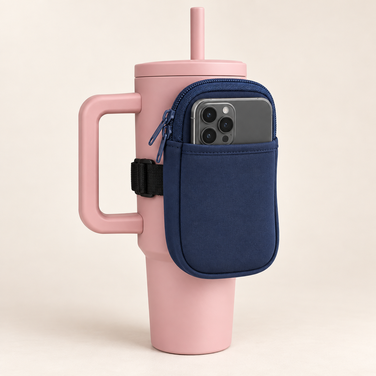 Cup Pocket Azul marino: estuche organizador sujeto a un termo, con teléfono en bolsillo frontal