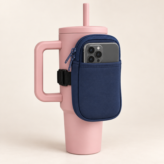 Cup Pocket Azul marino: estuche organizador sujeto a un termo, con teléfono en bolsillo frontal