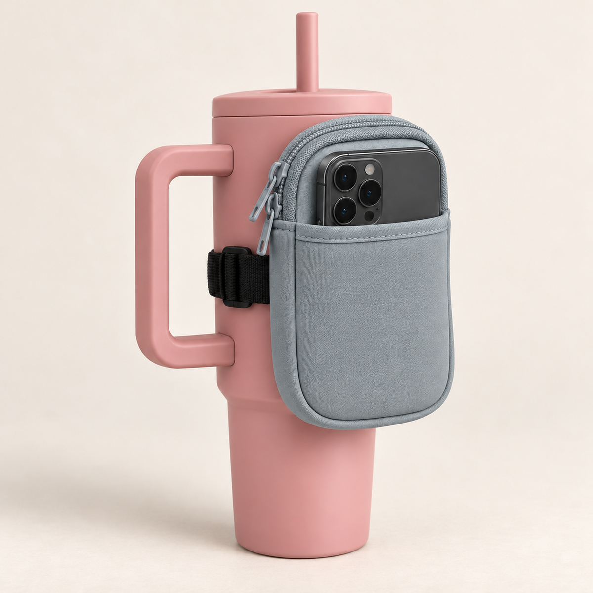 Cup Pocket Gris azulado: estuche organizador sujeto a un termo, con teléfono en bolsillo frontal