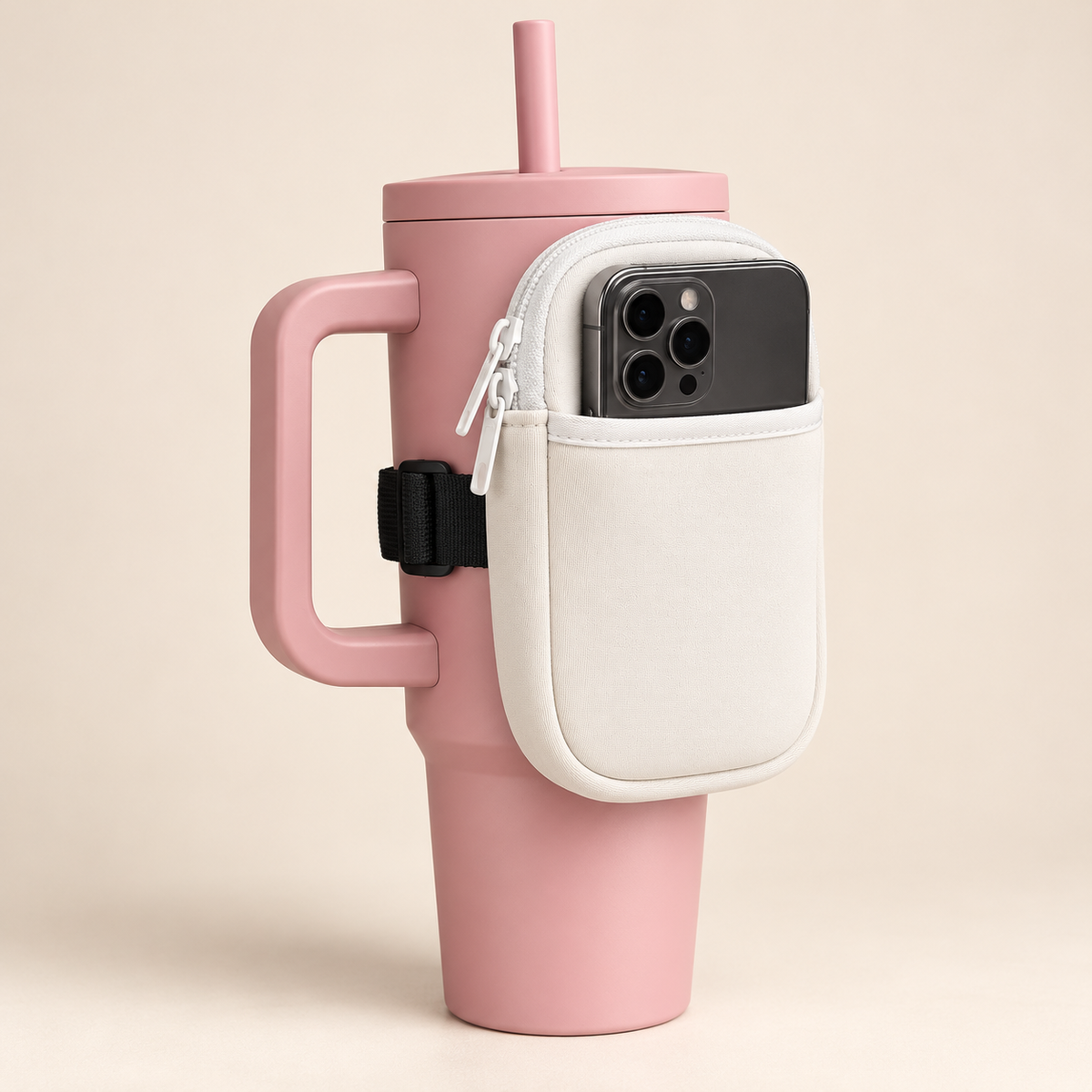 Cup Pocket Blanco: estuche organizador sujeto a un termo, con teléfono en bolsillo frontal