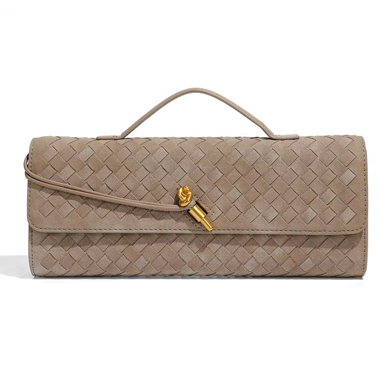 Elena Taupe: cartera rectangular trenzada beige taupe