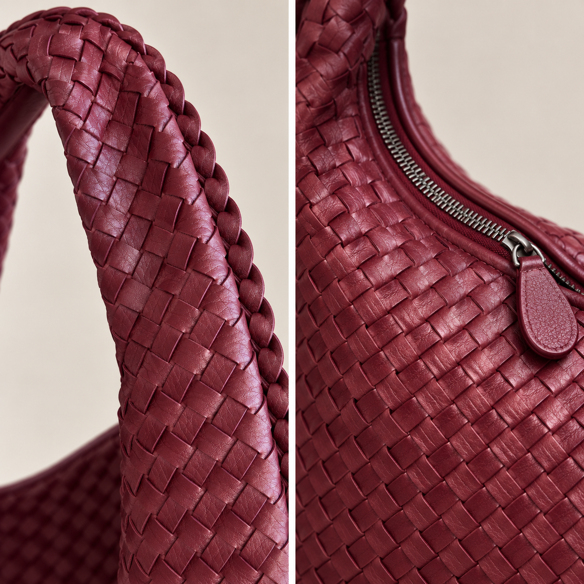 Siena Burgundy: detalle del asa trenzada y cierre