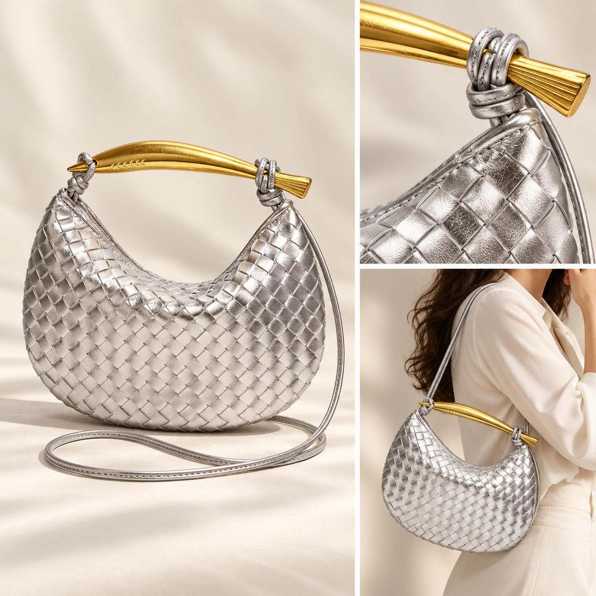 Luna Silver: detalle del trenzado, asa dorada y uso al hombro