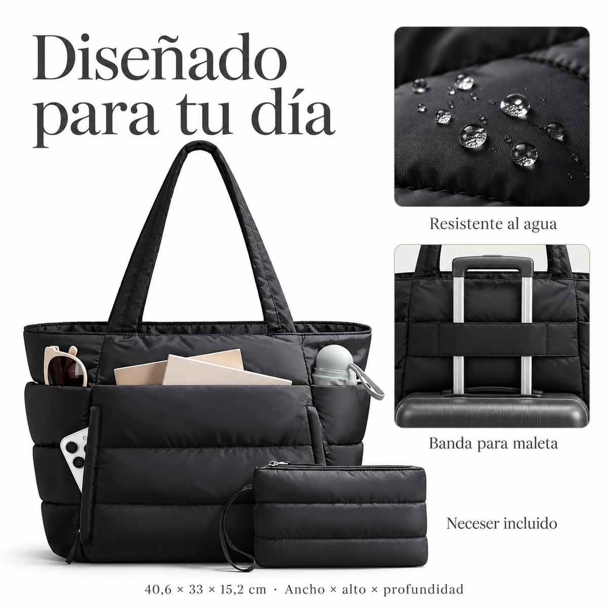 Tempo Pocket noir — Neceser incluido, resistencia al agua y banda para maleta