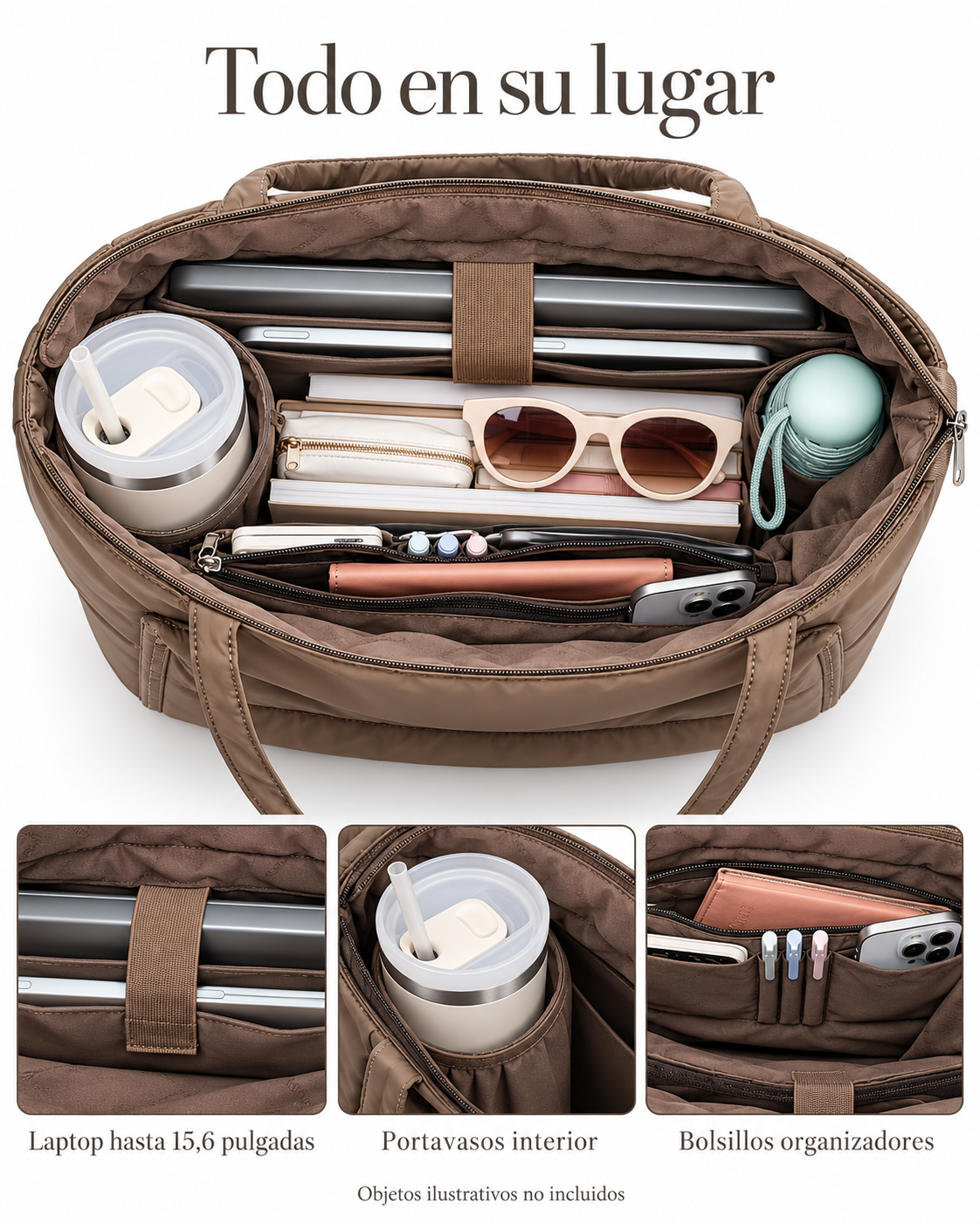 Tempo Pocket taupe — Interior, laptop y bolsillos